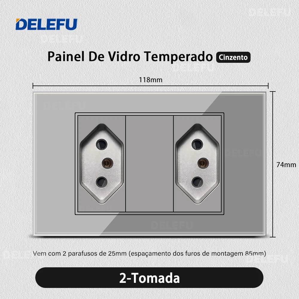 DELEFU Tempered Gray Glass Brazil Standard Outlet Dual Usb Type C Switzerland Wall Socket Light Switch Switzerland 118mm 10A 20A
