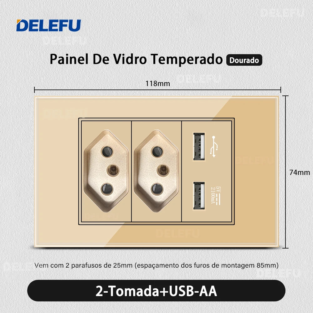 DELEFU 4*2 Gold Tempered Glass Brazil Standard Outlet Dual Usb Type C Wall Socket Light Switch Switzerland 10A 20A