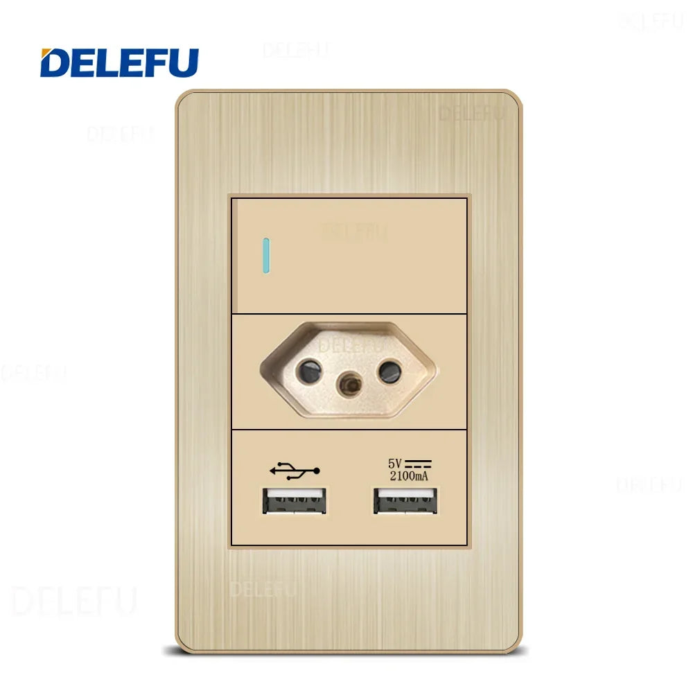 DELEFU Stainless Steel Gold Panel Series Brazil Standard Switch Socket Computer USB Type C Wall Power Socket