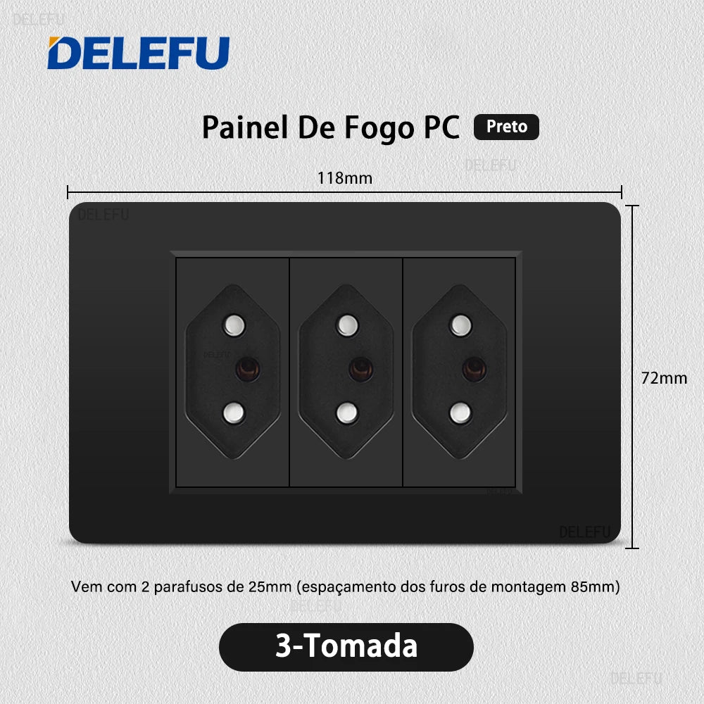 DELEFU PC Panel Fireproof Double USB Type C Charge Brazil Standard Outlet Black Wall Power Light Switch Electrical Plug  10A 20A