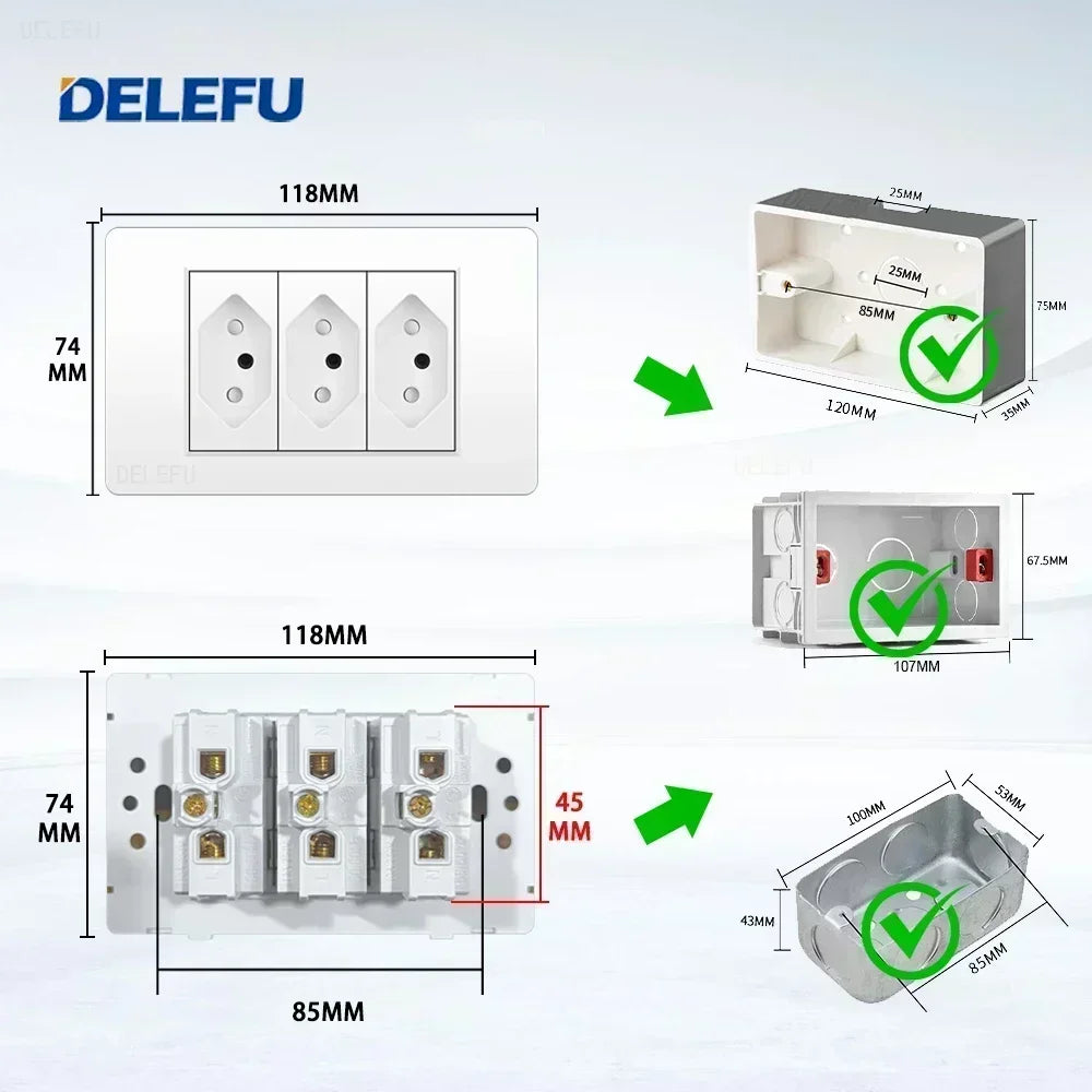 DELEFU White PC Panel Brazil Standard Outlet with Double USB Type C Wall Power Socket Smart Switch Tuya Wifi 10A 20A 118x72mm