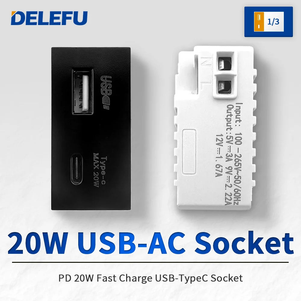 DELEFU Brazil Italian Chile Mexico Standard Free Combination Function USB Type C Key DIY Switch Socket 4*2 Black 4*4 Fast Charge