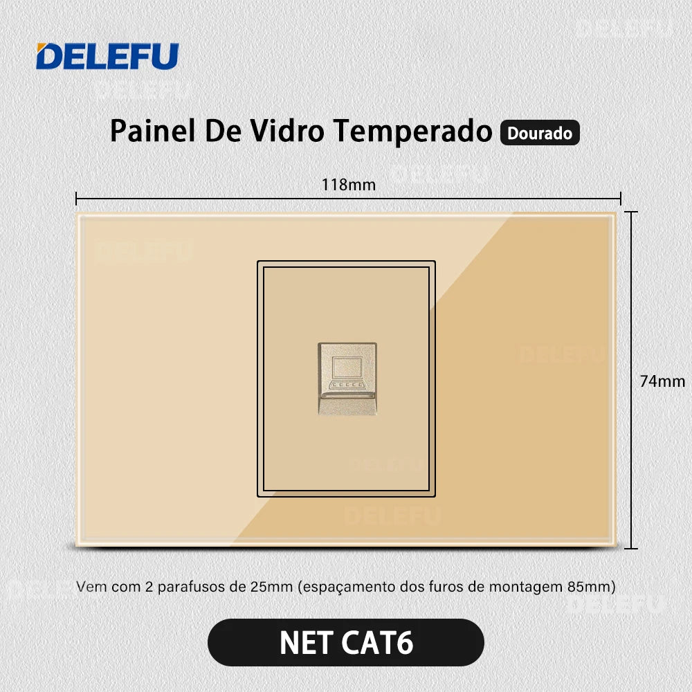 DELEFU 4*2 Gold Tempered Glass Brazil Standard Outlet Dual Usb Type C Wall Socket Light Switch Switzerland 10A 20A