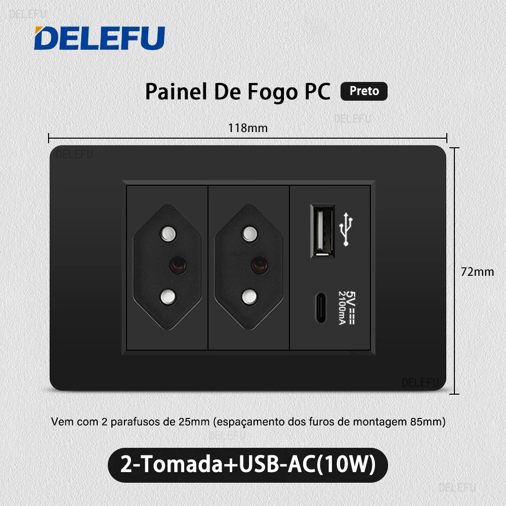 DELEFU PC Panel Fireproof Double USB Type C Charge Brazil Standard Outlet Black Wall Power Light Switch Electrical Plug  10A 20A