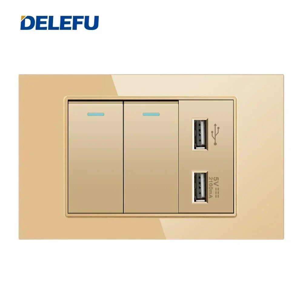 DELEFU 4*2 Gold Tempered Glass Brazil Standard Outlet Dual Usb Type C Wall Socket Light Switch Switzerland 10A 20A