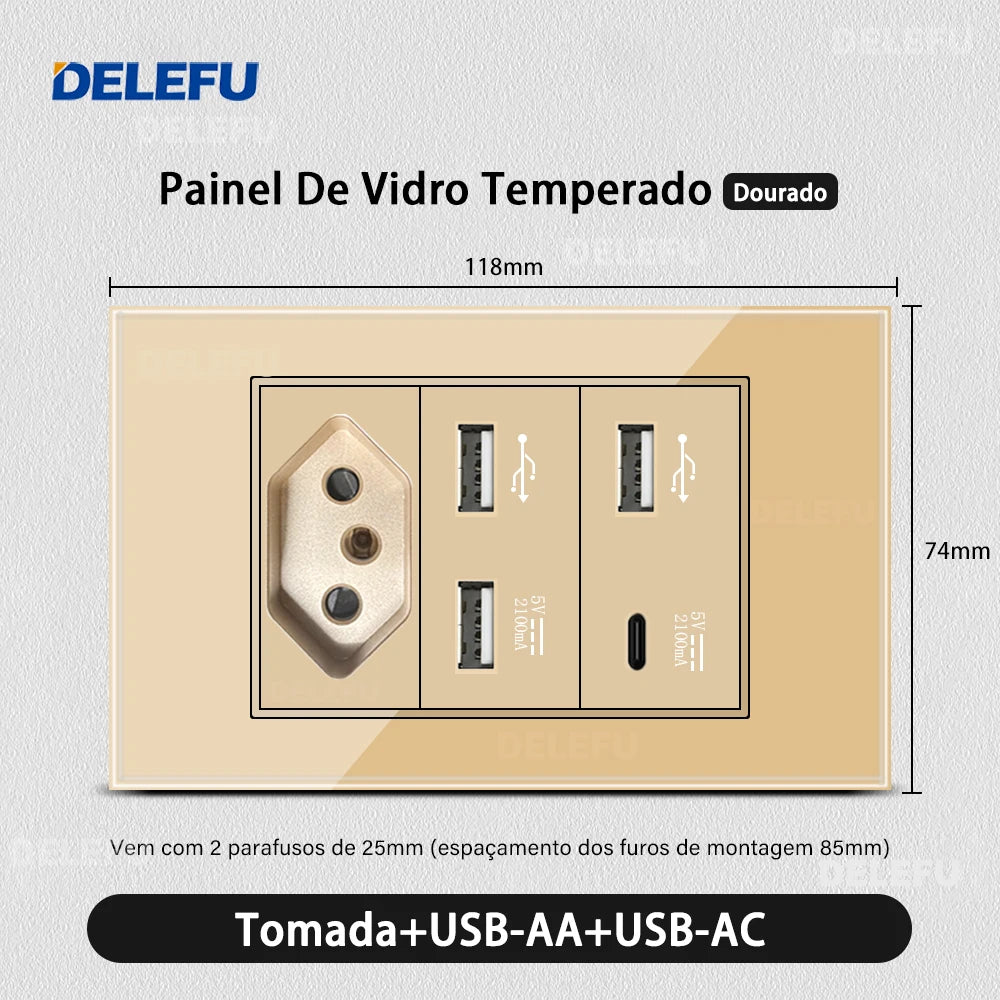 DELEFU 4*2 Gold Tempered Glass Brazil Standard Outlet Dual Usb Type C Wall Socket Light Switch Switzerland 10A 20A