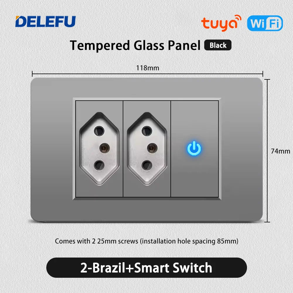 DELEFU Grey PC Panel Brazil Standard Outlet Double USB Type C Wall Power Socket Light Switch Home Office Electrical Plug 10A 20A