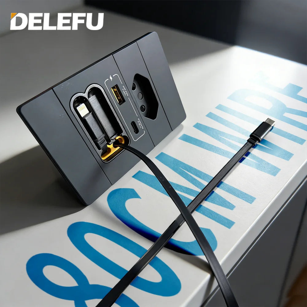 DELEFU Cable Dual Charging Brazil Chile Socket Outlet Wall USB TypeC 20W Smart Fast Ports Mobile Phone Gray  Black  White