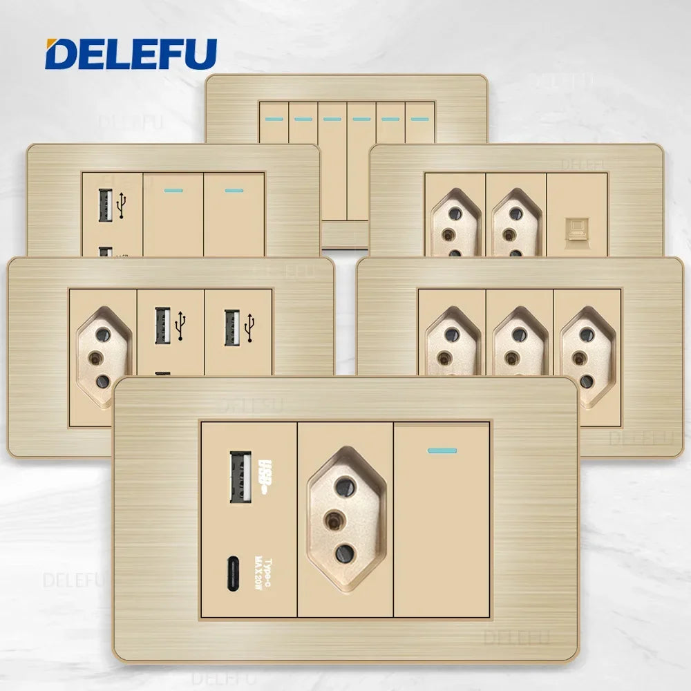 DELEFU Stainless Steel Gold Panel Series Brazil Standard Switch Socket Computer USB Type C Wall Power Socket