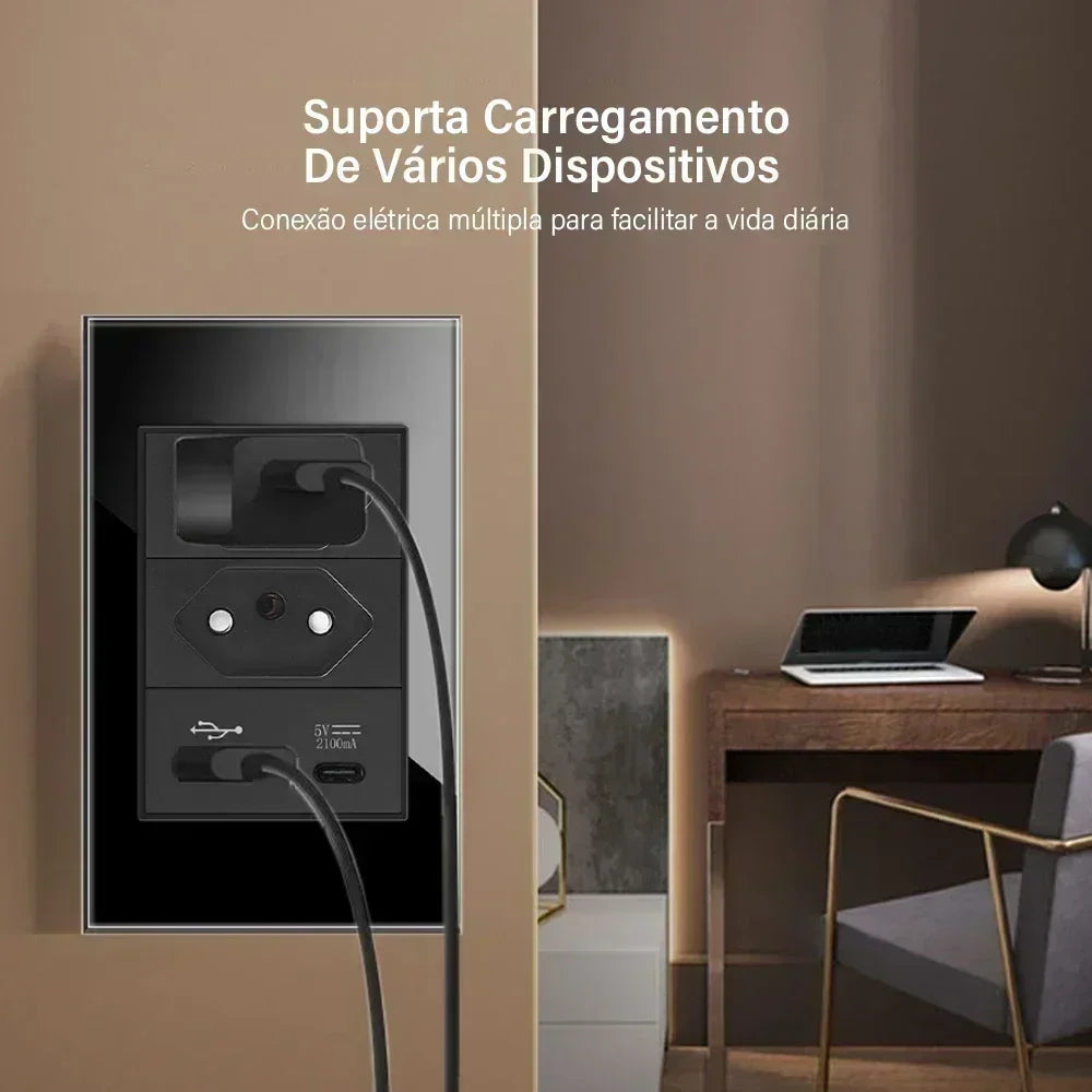 DELEFU 4*2 Black Tempered Glass Brazil Standard Outlet Dual Usb Type C Wall Socket Light Switch Switzerland 10A 20A