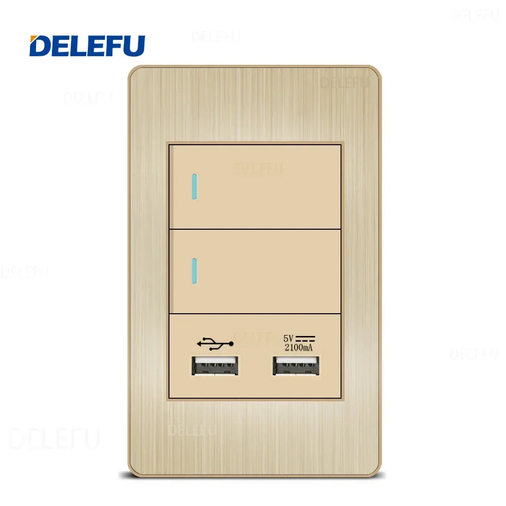 DELEFU Stainless Steel Gold Panel Series Brazil Standard Switch Socket Computer USB Type C Wall Power Socket