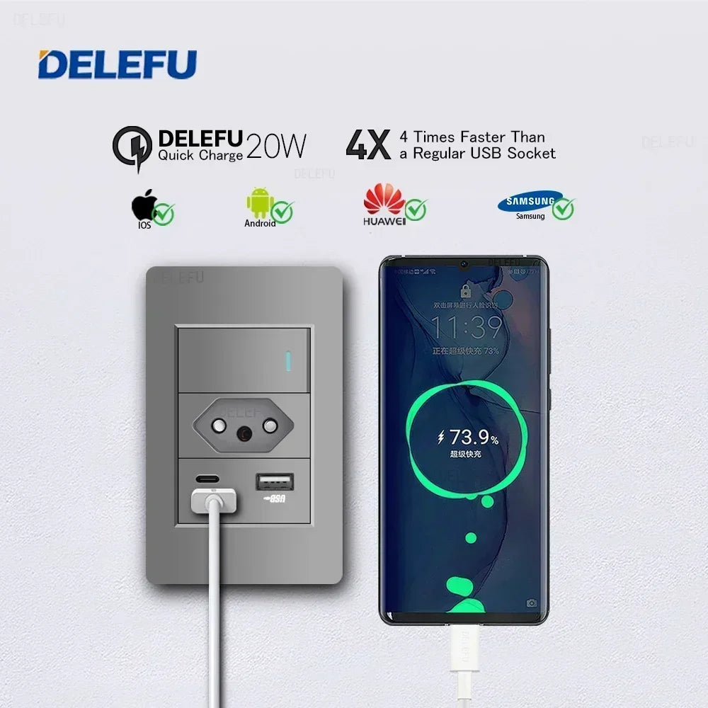 DELEFU Grey PC Panel Brazil Standard Outlet Double USB Type C Wall Power Socket Light Switch Home Office Electrical Plug 10A 20A