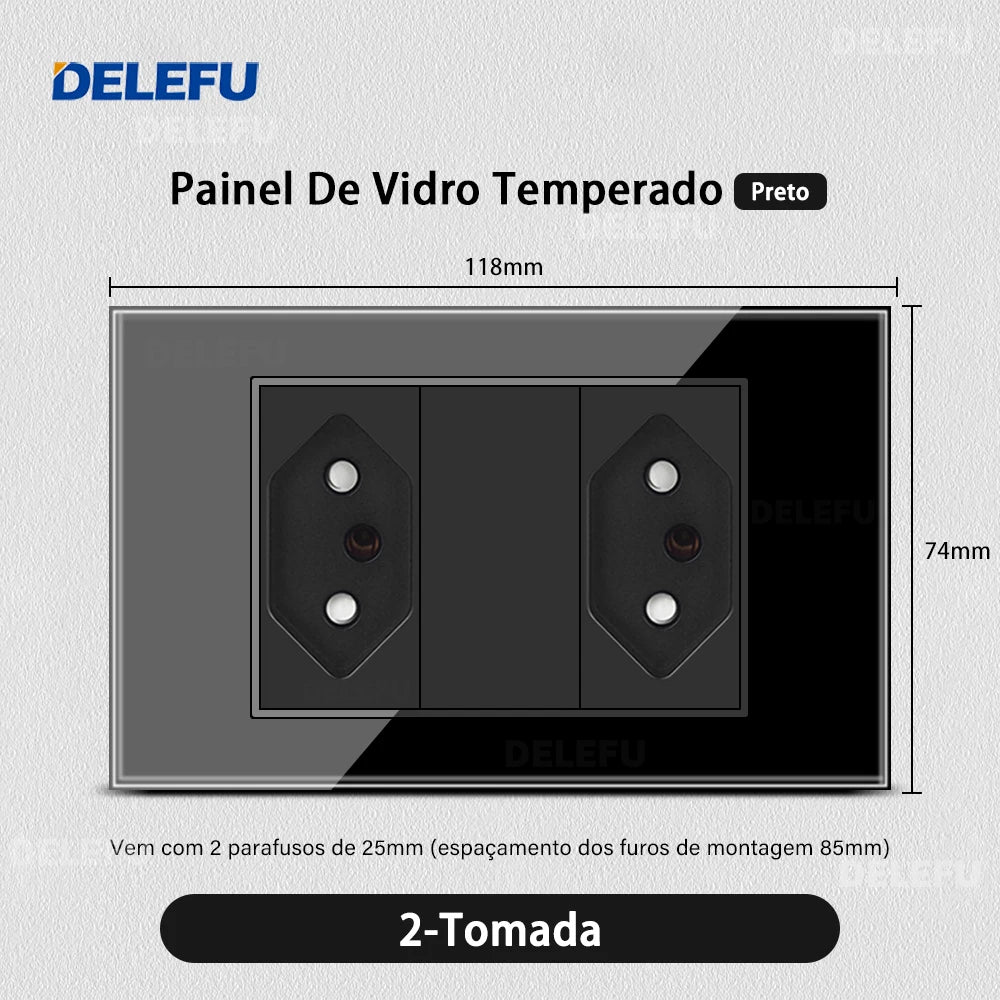 DELEFU 4*2 Black Tempered Glass Brazil Standard Outlet Dual Usb Type C Wall Socket Light Switch Switzerland 10A 20A