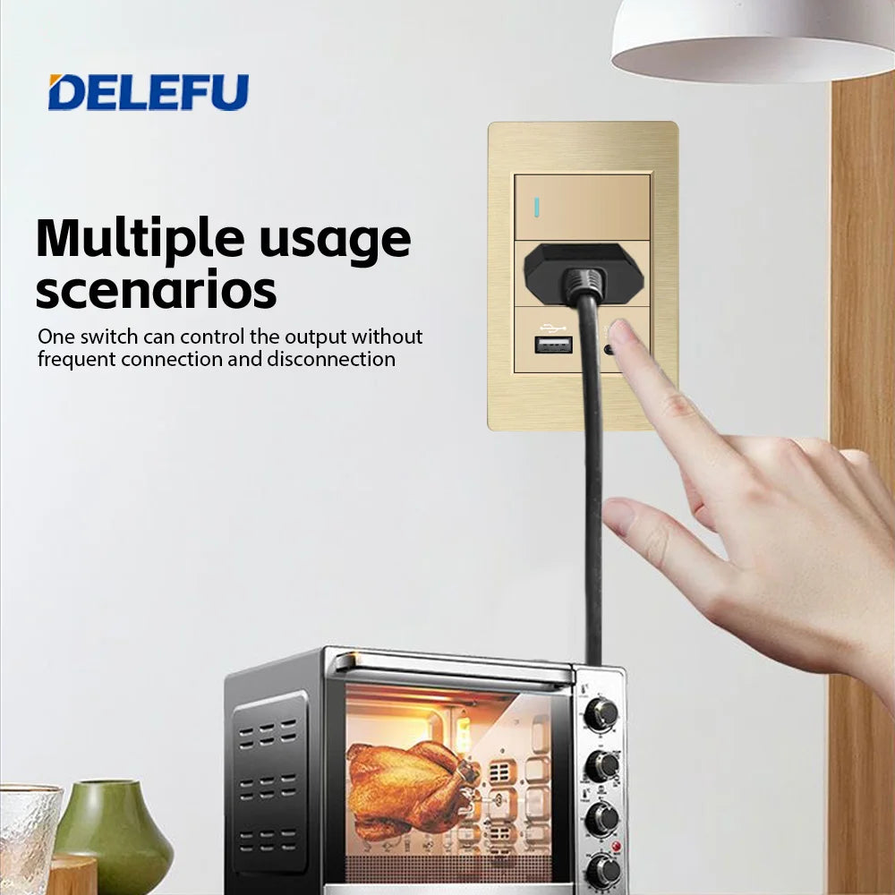 DELEFU Gold Fireproof PC Brushed Brazil Standard Socket Double USB Type C Wall Power Outlet Light On
