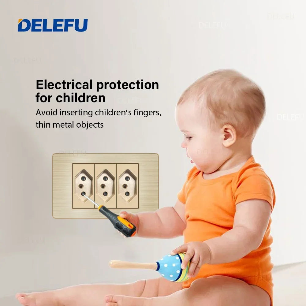DELEFU Stainless Steel Gold Panel Series Brazil Standard Switch Socket Computer USB Type C Wall Power Socket