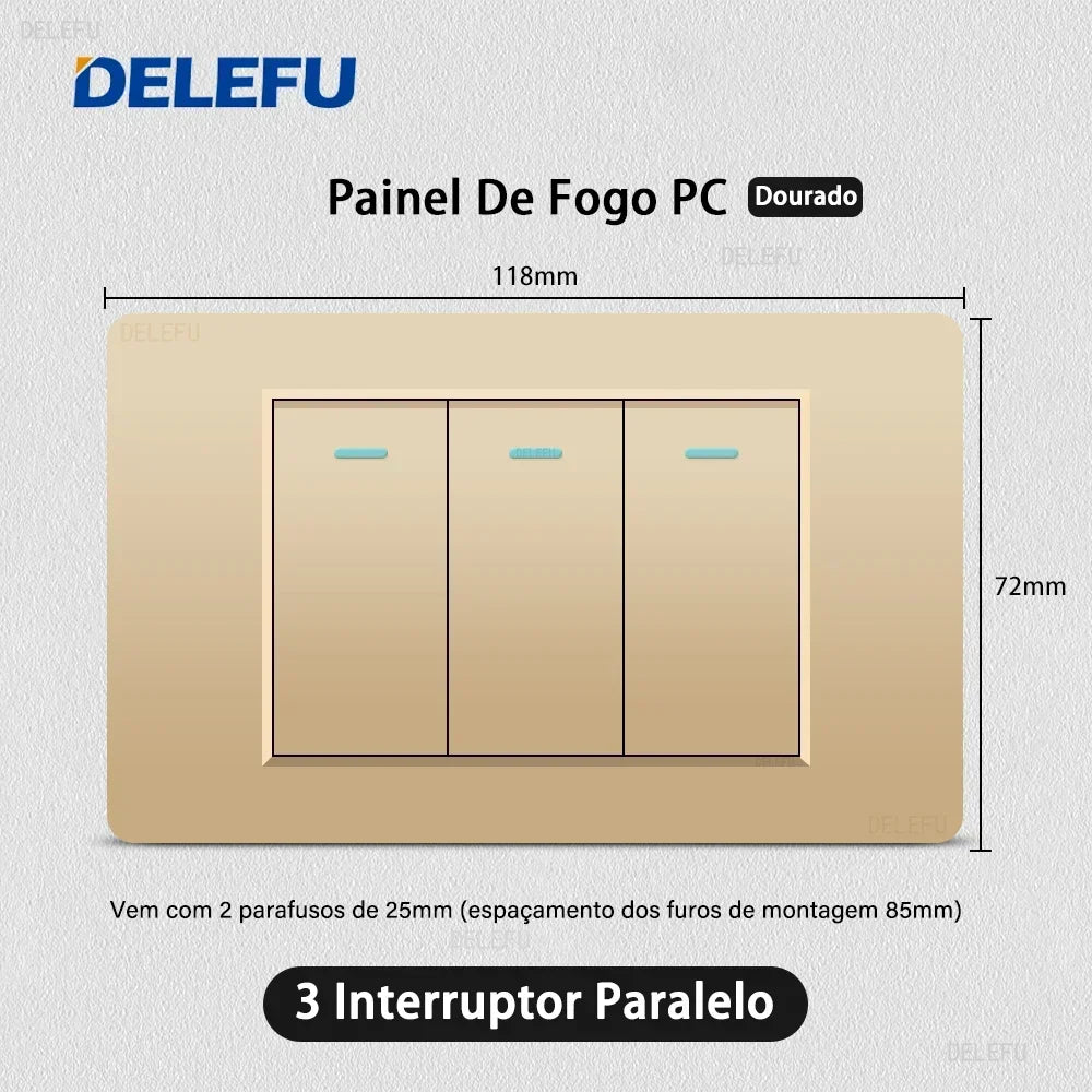 DELEFU PC Panel Fireproof Double USB Type C Charge Brazil Standard Outlet Gold Wall Power Light Switch Electrical Plug 10A 20A