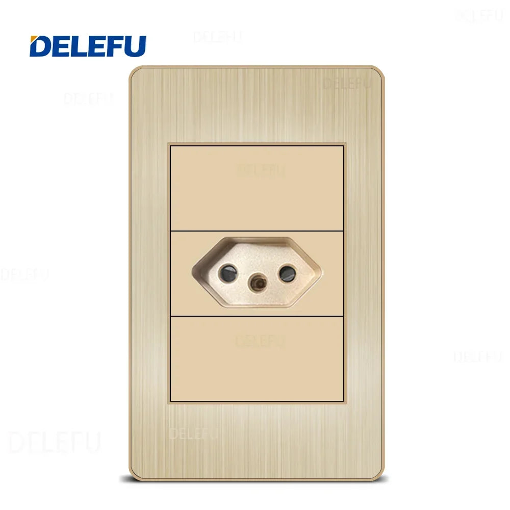 DELEFU Stainless Steel Gold Panel Series Brazil Standard Switch Socket Computer USB Type C Wall Power Socket