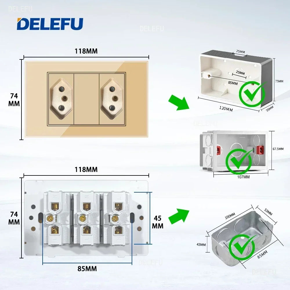 DELEFU 4*2 Gold Tempered Glass Brazil Standard Outlet Dual Usb Type C Wall Socket Light Switch Switzerland 10A 20A