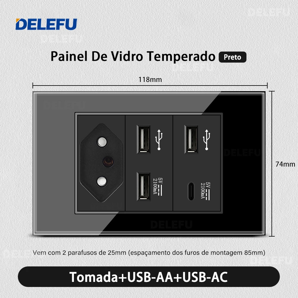 DELEFU 4*2 Black Tempered Glass Brazil Standard Outlet Dual Usb Type C Wall Socket Light Switch Switzerland 10A 20A