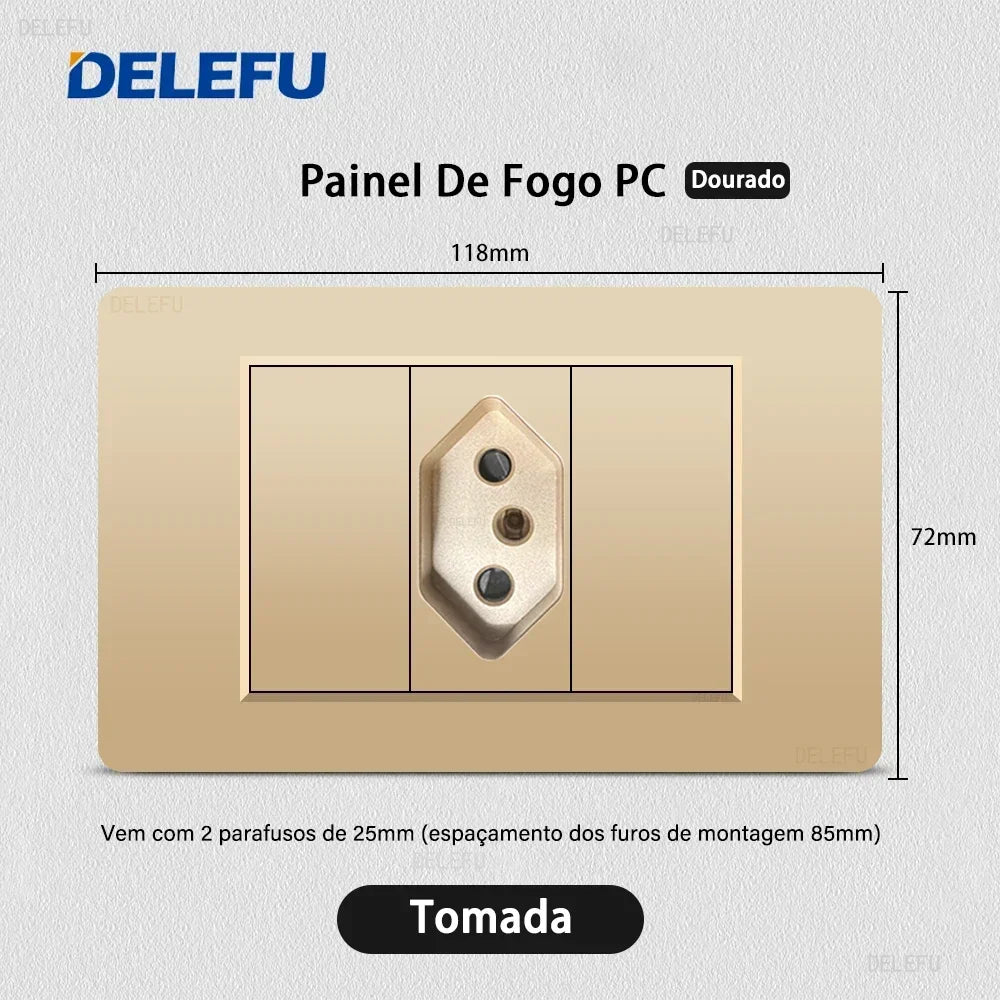 DELEFU PC Panel Fireproof Double USB Type C Charge Brazil Standard Outlet Gold Wall Power Light Switch Electrical Plug 10A 20A