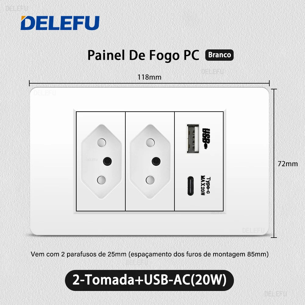 DELEFU White PC Panel Brazil Standard Outlet with Double USB Type C Wall Power Socket Smart Switch Tuya Wifi 10A 20A 118x72mm