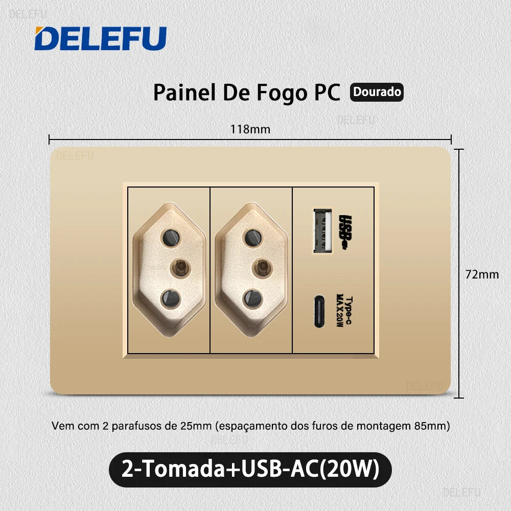 DELEFU PC Panel Fireproof Double USB Type C Charge Brazil Standard Outlet Gold Wall Power Light Switch Electrical Plug 10A 20A