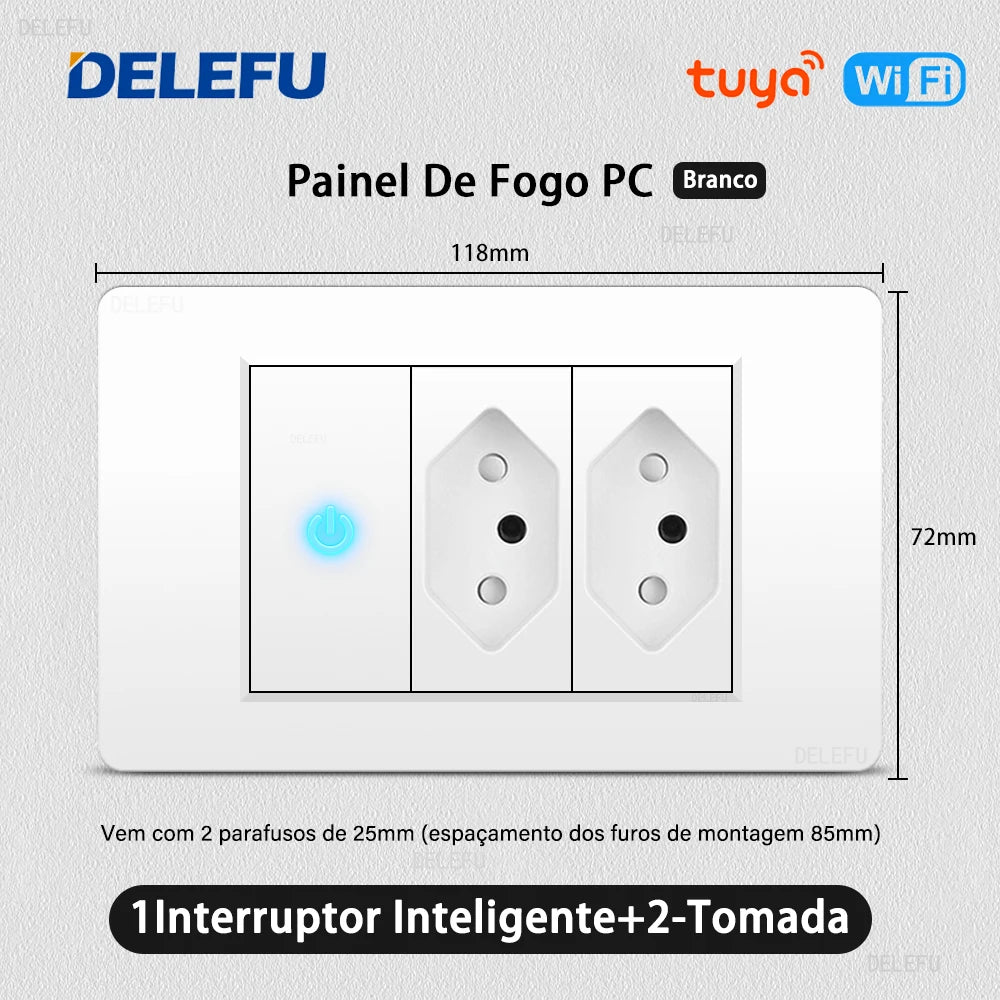DELEFU White PC Panel Brazil Standard Outlet with Double USB Type C Wall Power Socket Smart Switch Tuya Wifi 10A 20A 118x72mm