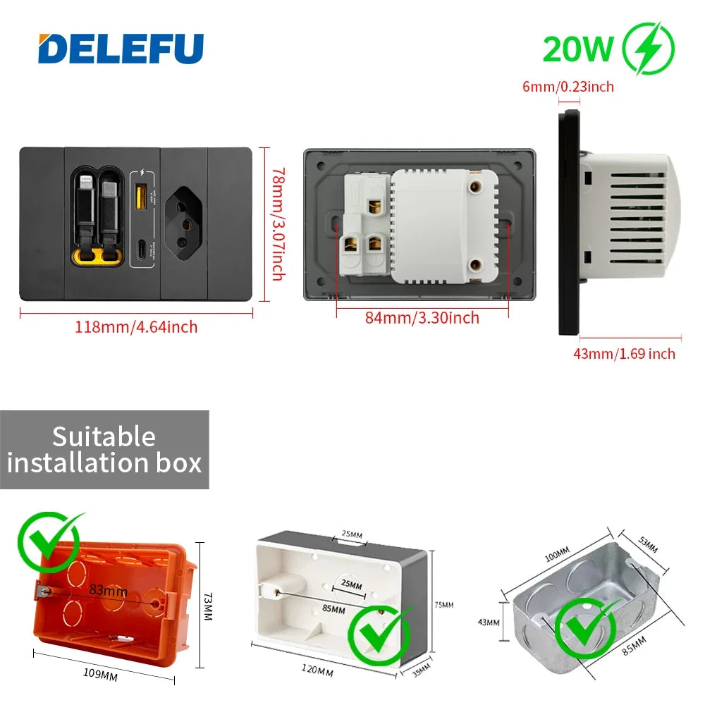 DELEFU Cable Dual Charging Brazil Chile Socket Outlet Wall USB TypeC 20W Smart Fast Ports Mobile Phone Gray  Black  White