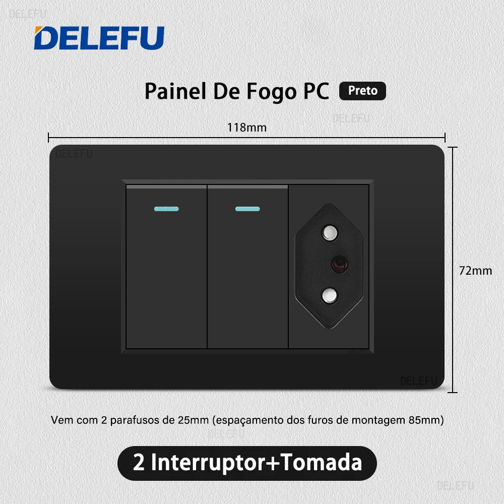 DELEFU PC Panel Fireproof Double USB Type C Charge Brazil Standard Outlet Black Wall Power Light Switch Electrical Plug  10A 20A