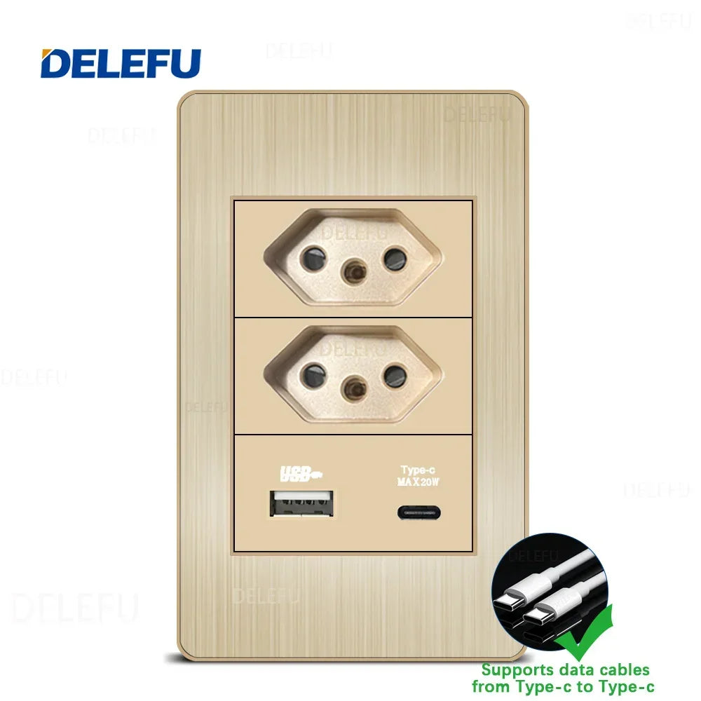 DELEFU Stainless Steel Gold Panel Series Brazil Standard Switch Socket Computer USB Type C Wall Power Socket