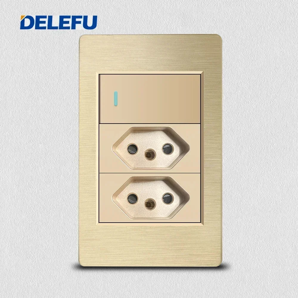 DELEFU Gold Fireproof PC Brushed Brazil Standard Socket Double USB Type C Wall Power Outlet Light On
