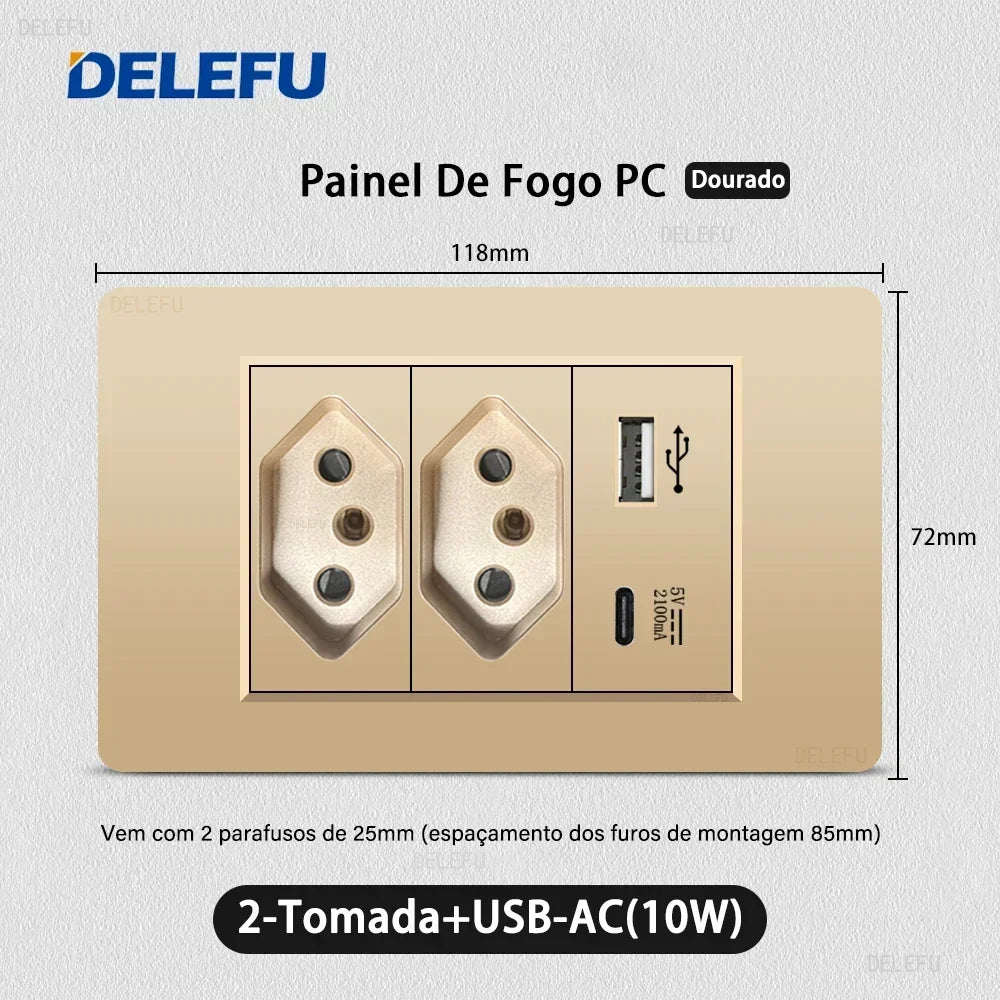 DELEFU PC Panel Fireproof Double USB Type C Charge Brazil Standard Outlet Gold Wall Power Light Switch Electrical Plug 10A 20A