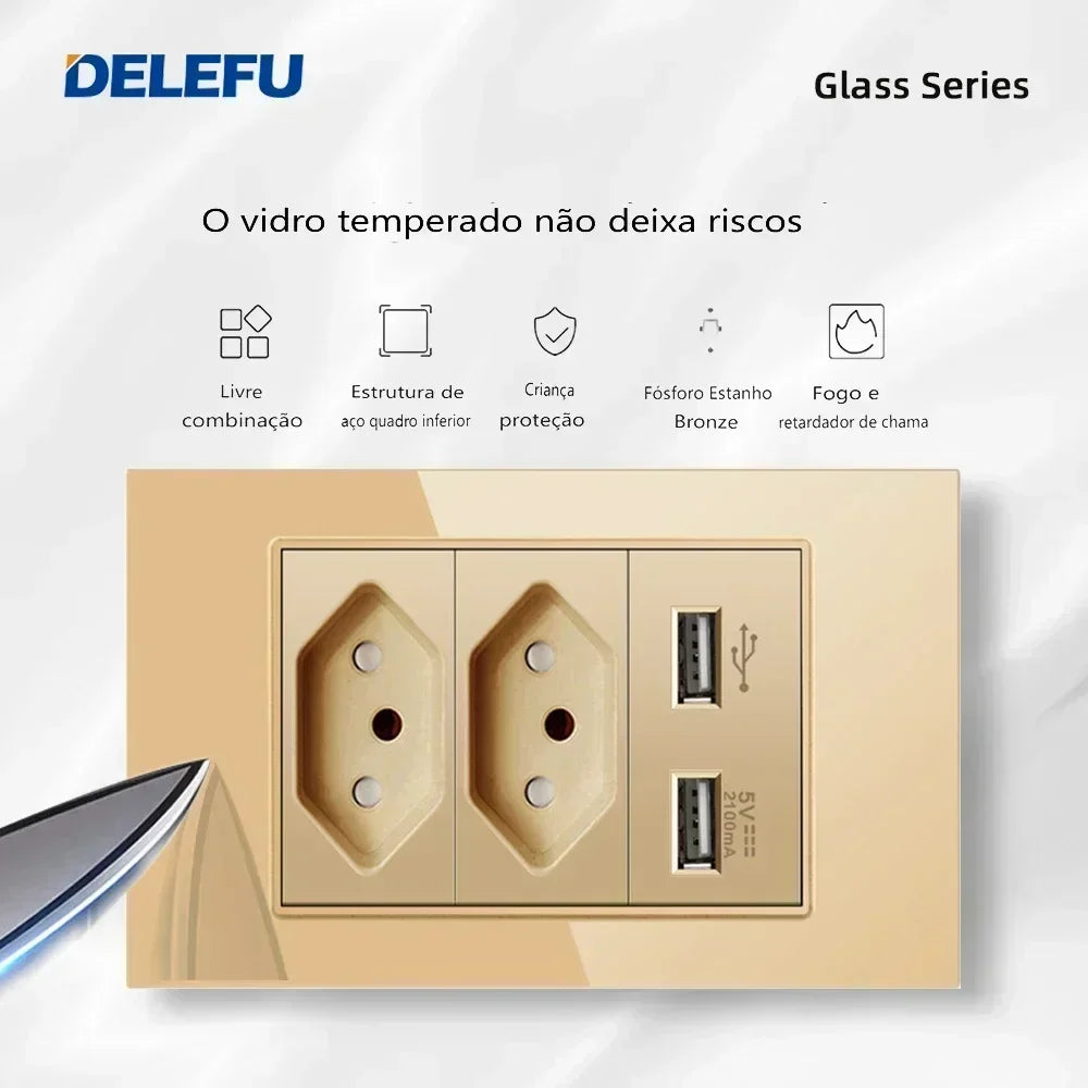 DELEFU 4*2 Gold Tempered Glass Brazil Standard Outlet Dual Usb Type C Wall Socket Light Switch Switzerland 10A 20A
