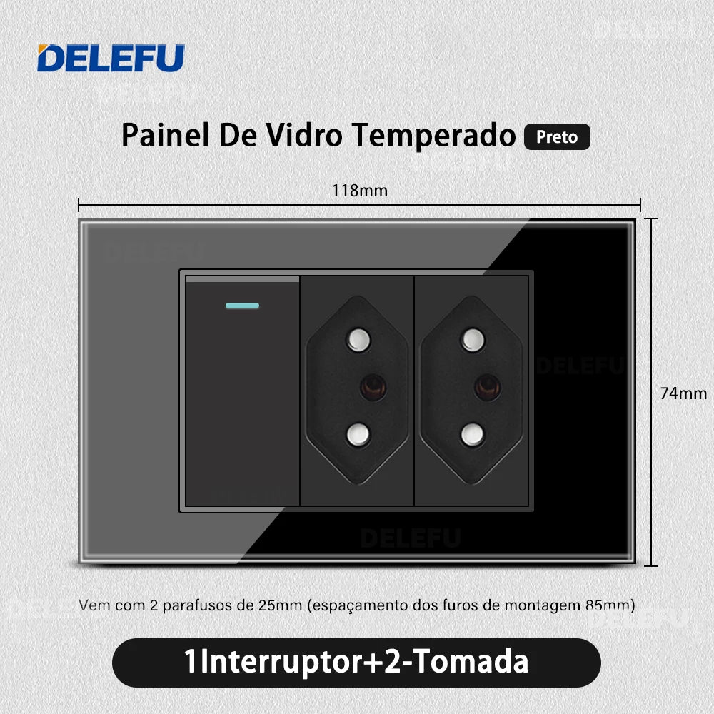DELEFU 4*2 Black Tempered Glass Brazil Standard Outlet Dual Usb Type C Wall Socket Light Switch Switzerland 10A 20A