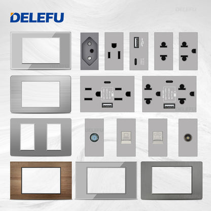 DELEFU Brasil 10A 20A Padrão Combinação Livre Cinza 118mm * 72mm DIY Switch CAT6 Computador TV Telefone Satélite Tomada de Parede