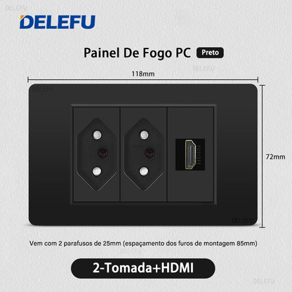 DELEFU À Prova De Fogo PC Brasil Soquete Padrão Duplo USB Tipo-c Interruptor 4 * 2 Preto 10A 20A