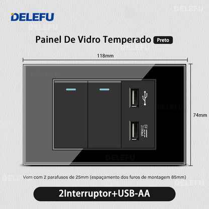 DELEFU 4*2 Preto Temperado Vidro Brasileiro Soquete Padrão Duplo Usb Tipo C Parede Soquete Interruptor 10A 20A