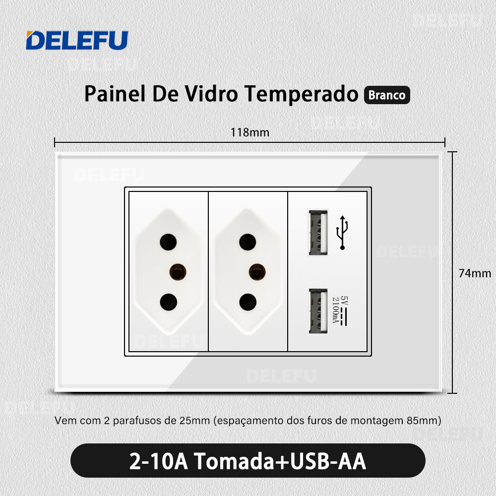 DELEFU 4*2 Branco Temperado Vidro Brasil Soquete Padrão Duplo Usb Tipo C Parede Soquete Interruptor 10A 20A