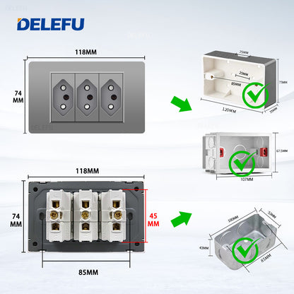 DELEFU À Prova De Fogo PC Brasil Soquete Padrão Duplo USB Tipo-c Interruptor 4 * 2 Cinza 10A 20A