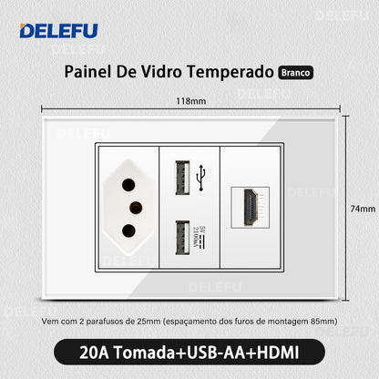 DELEFU 4*2 Branco Temperado Vidro Brasil Soquete Padrão Duplo Usb Tipo C Parede Soquete Interruptor 10A 20A