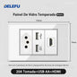 DELEFU 4*2 Branco Temperado Vidro Brasil Soquete Padrão Duplo Usb Tipo C Parede Soquete Interruptor 10A 20A