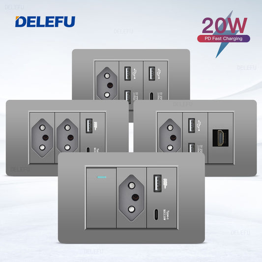 DELEFU À Prova De Fogo PC Brasil Soquete Padrão Duplo USB Tipo-c Interruptor 4 * 2 Cinza 10A 20A