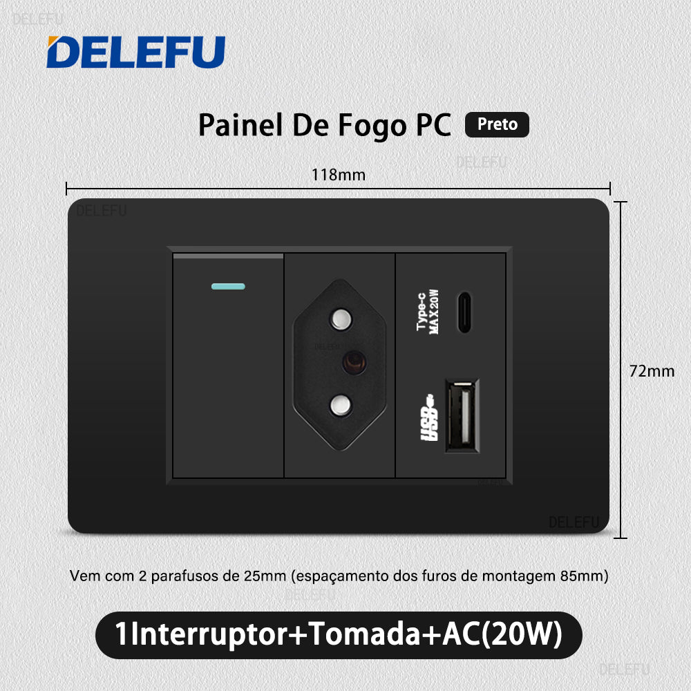 DELEFU À Prova De Fogo PC Brasil Soquete Padrão Duplo USB Tipo-c Interruptor 4 * 2 Preto 10A 20A