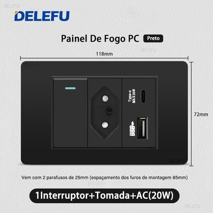 DELEFU À Prova De Fogo PC Brasil Soquete Padrão Duplo USB Tipo-c Interruptor 4 * 2 Preto 10A 20A