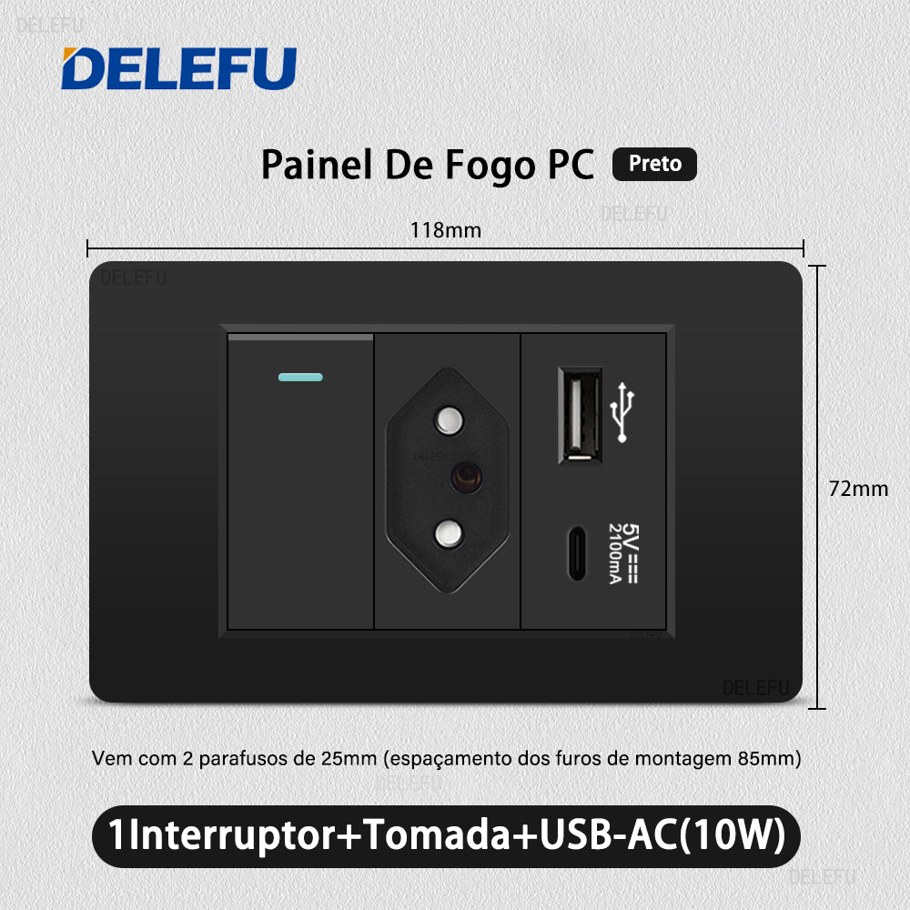 DELEFU À Prova De Fogo PC Brasil Soquete Padrão Duplo USB Tipo-c Interruptor 4 * 2 Preto 10A 20A