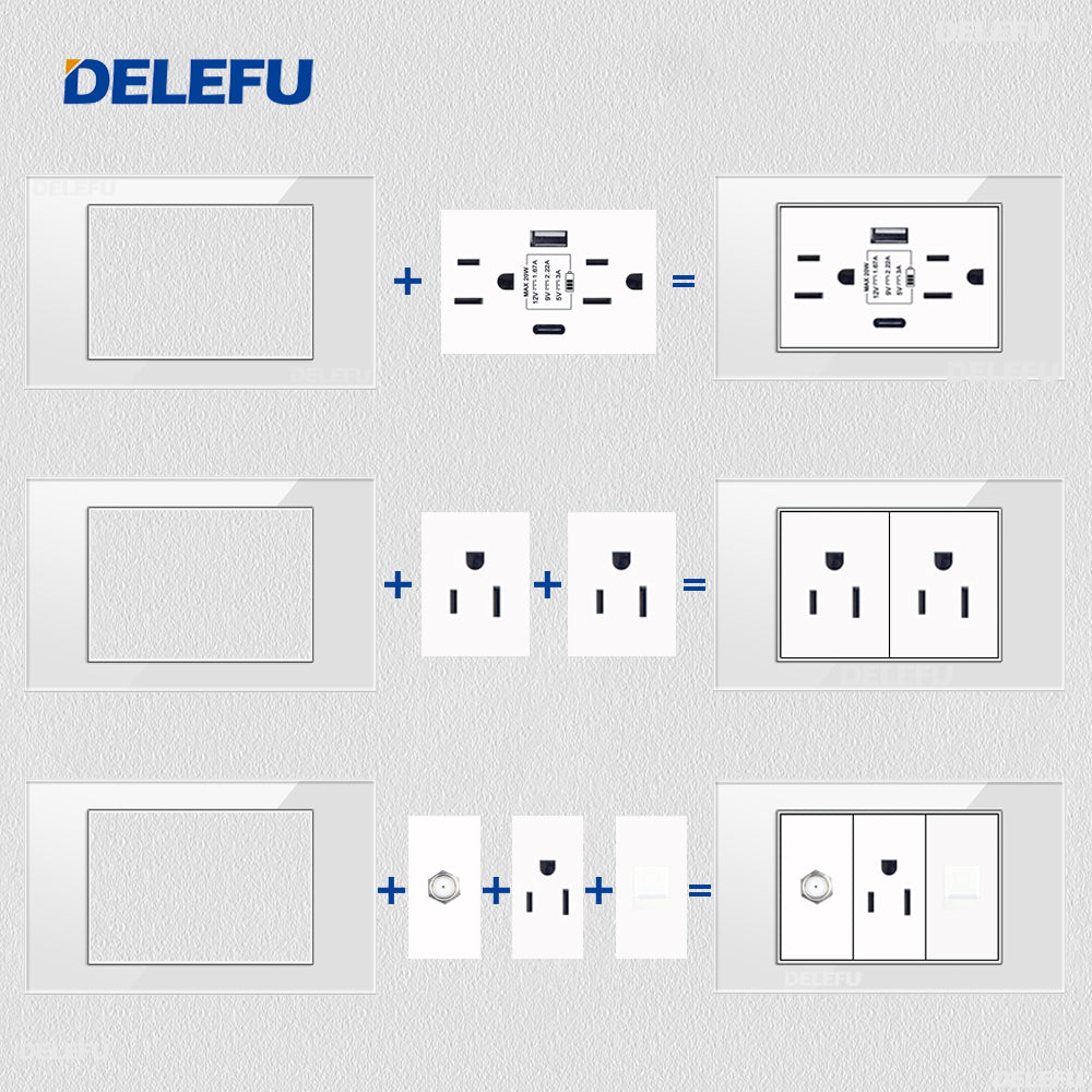 DELEFU Brasil 10A 20A Padrão Combinação Livre Branco 118mm * 72mm DIY Switch CAT6 Computador TV Telefone Satélite Tomada de Parede