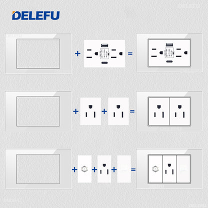 DELEFU Brasil 10A 20A Padrão Combinação Livre Branco 118mm * 72mm DIY Switch CAT6 Computador TV Telefone Satélite Tomada de Parede