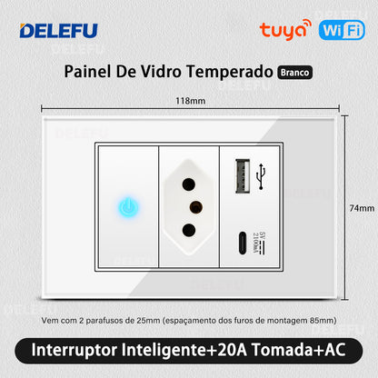 DELEFU 4*2 Branco Temperado Vidro Brasil Soquete Padrão Duplo Usb Tipo C Parede Soquete Interruptor 10A 20A