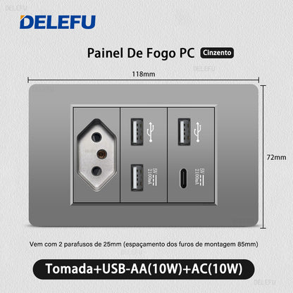 DELEFU À Prova De Fogo PC Brasil Soquete Padrão Duplo USB Tipo-c Interruptor 4 * 2 Cinza 10A 20A
