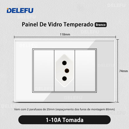 DELEFU 4*2 Branco Temperado Vidro Brasil Soquete Padrão Duplo Usb Tipo C Parede Soquete Interruptor 10A 20A